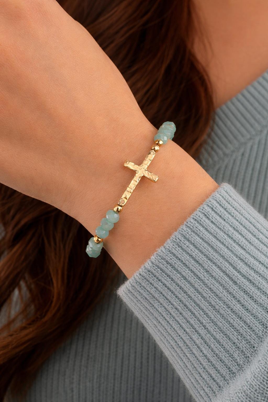 1pc Fashionable Simple & Versatile Car Wheel, Glass, Metallic Cross Beaded Bracelet