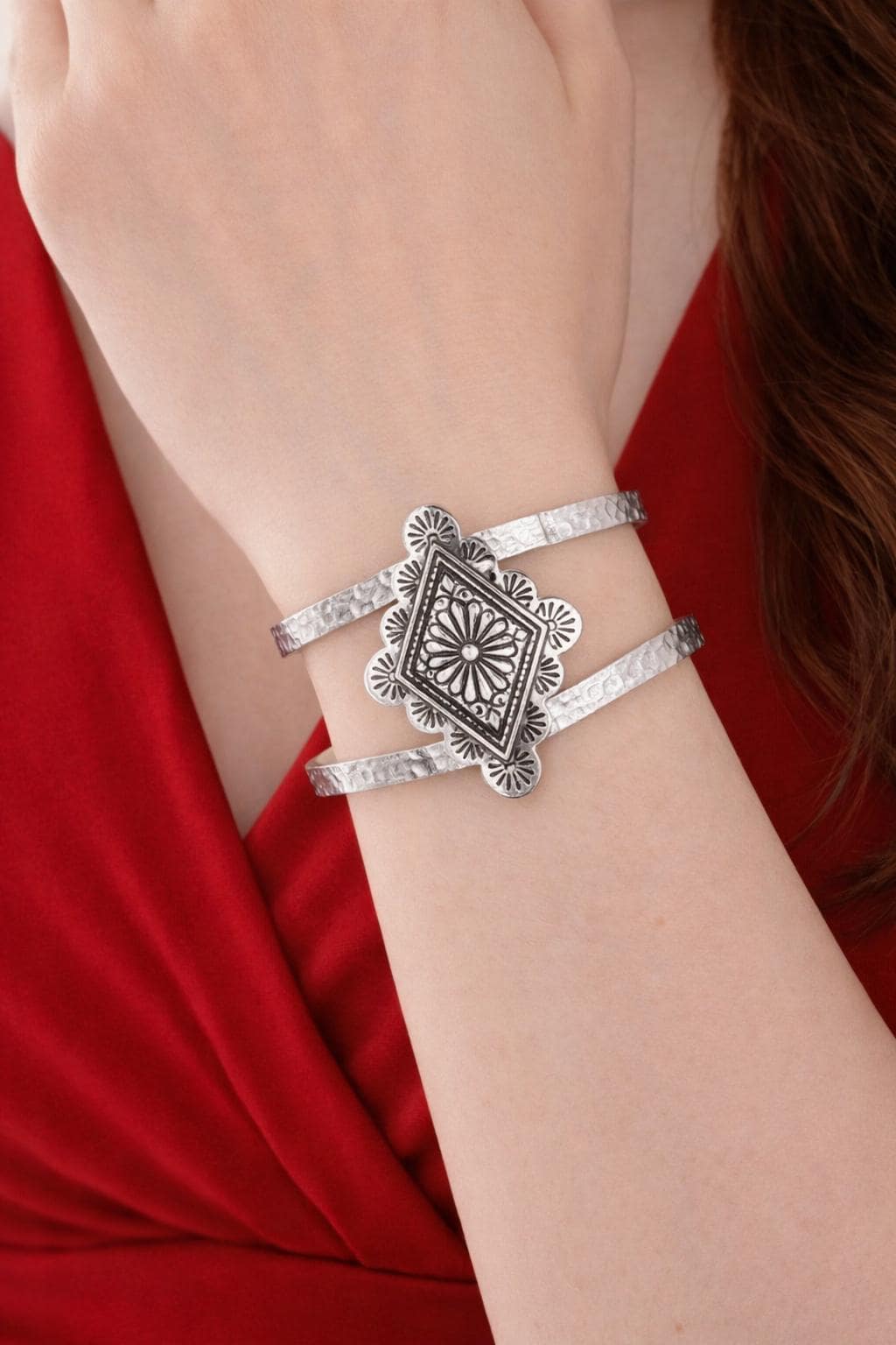 Vintage Geometric Boho Open Cuff Bracelet, Distressed Silver Unisex Bangle