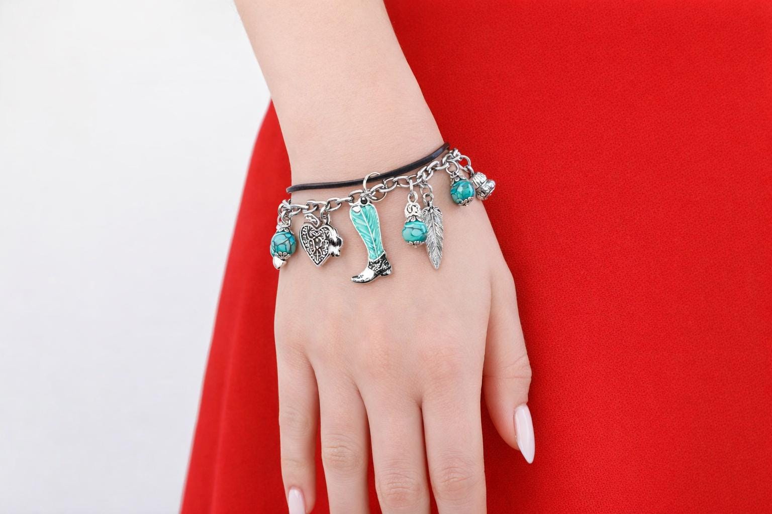 Turquoise Boots Charm Bracelet, Retro Western Boho Jewelry for Women