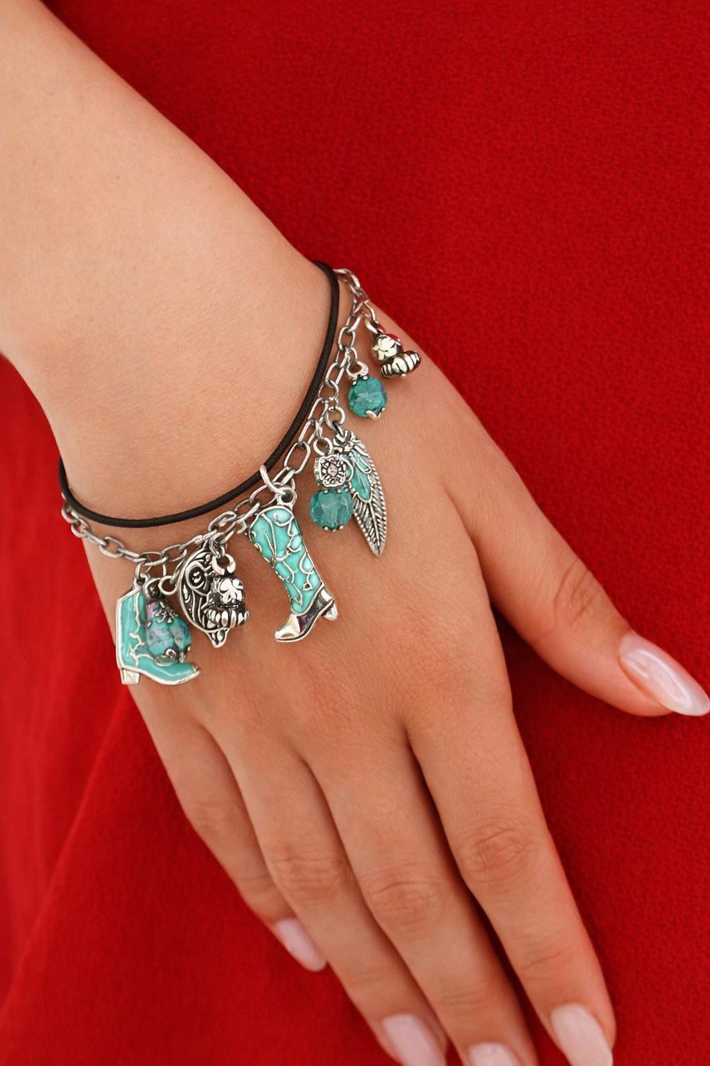 Turquoise Boots Charm Bracelet, Retro Western Boho Jewelry for Women