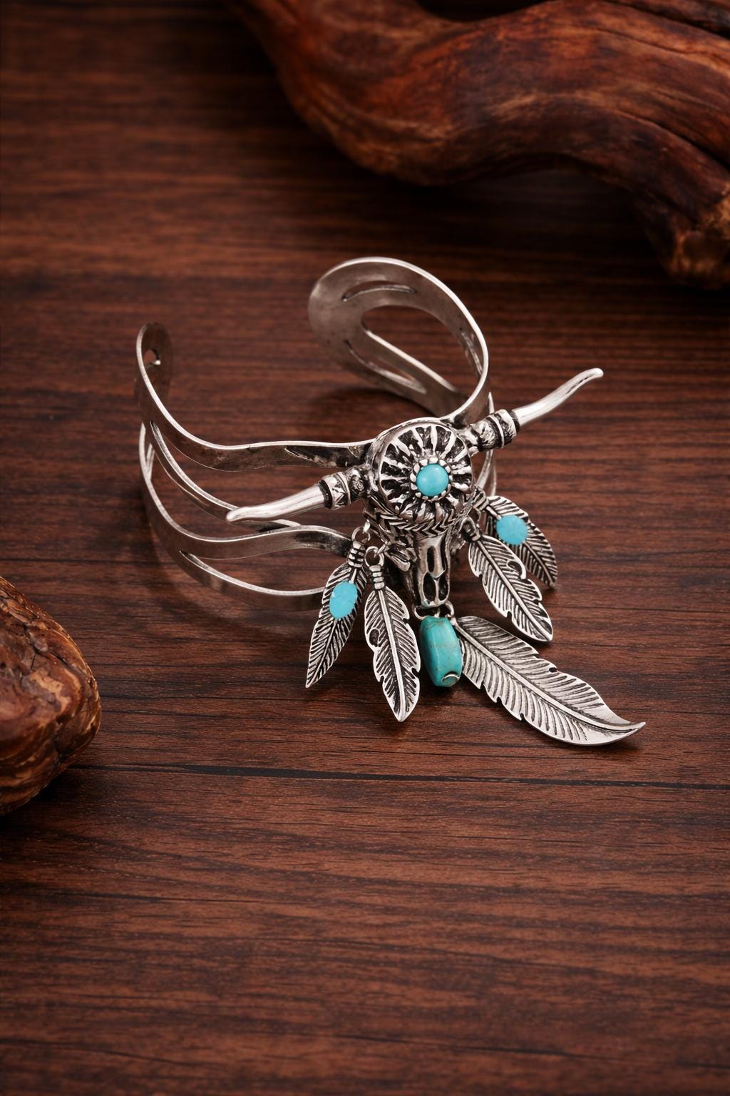 Western Bull Head Turquoise Cuff Bracelet, Feather Charm Bangle, Boho Style Jewelry