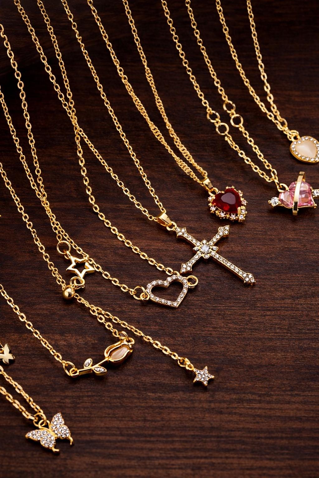 8-Piece Y2K Layered Necklace Set – Crystal Heart, Cross, Butterfly, Star Pendants