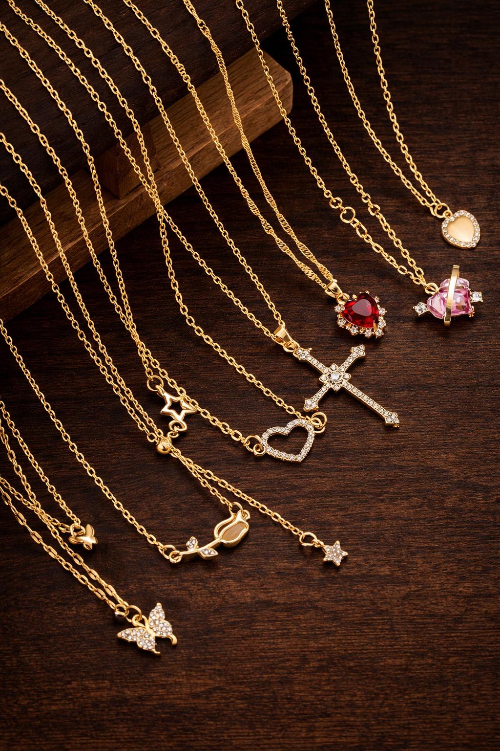 8-Piece Y2K Layered Necklace Set – Crystal Heart, Cross, Butterfly, Star Pendants