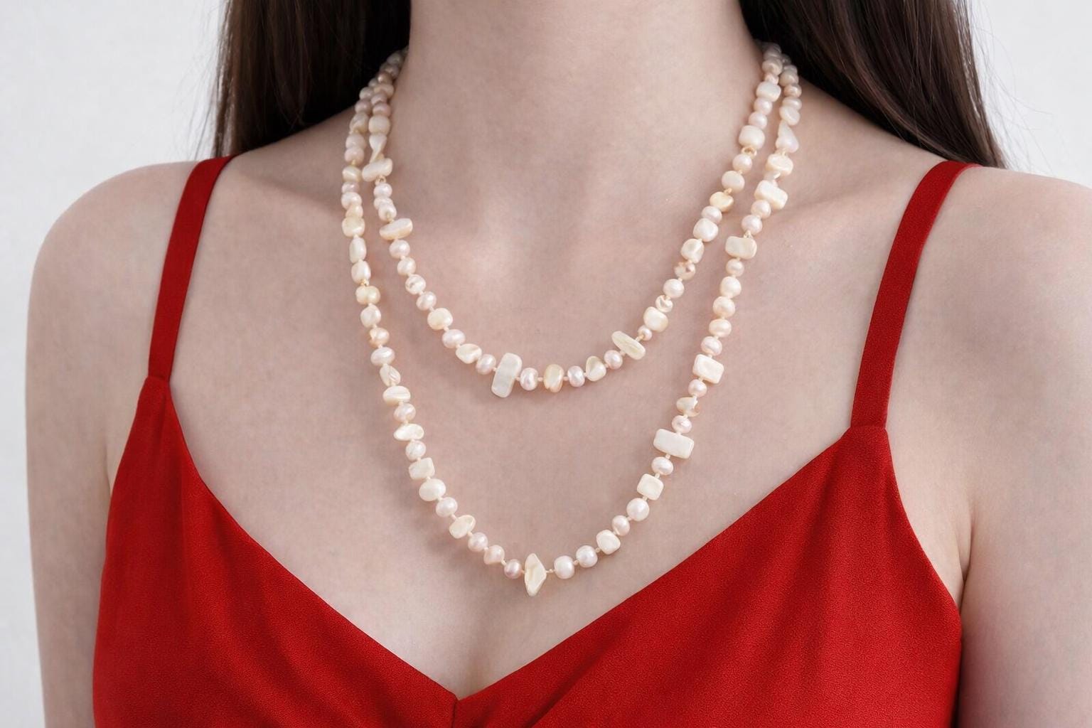 Vintage Boho Shell Beaded Double Layer Necklace, Colorful Pearl Gemstone Long Necklace