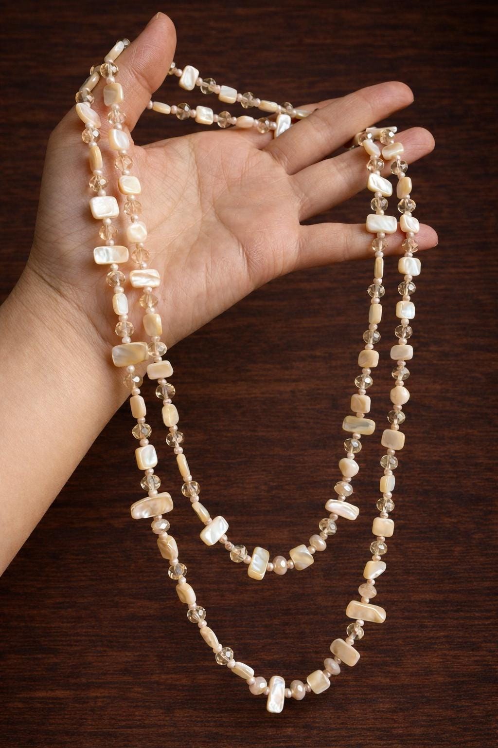 Vintage Boho Shell Beaded Double Layer Necklace, Colorful Pearl Gemstone Long Necklace
