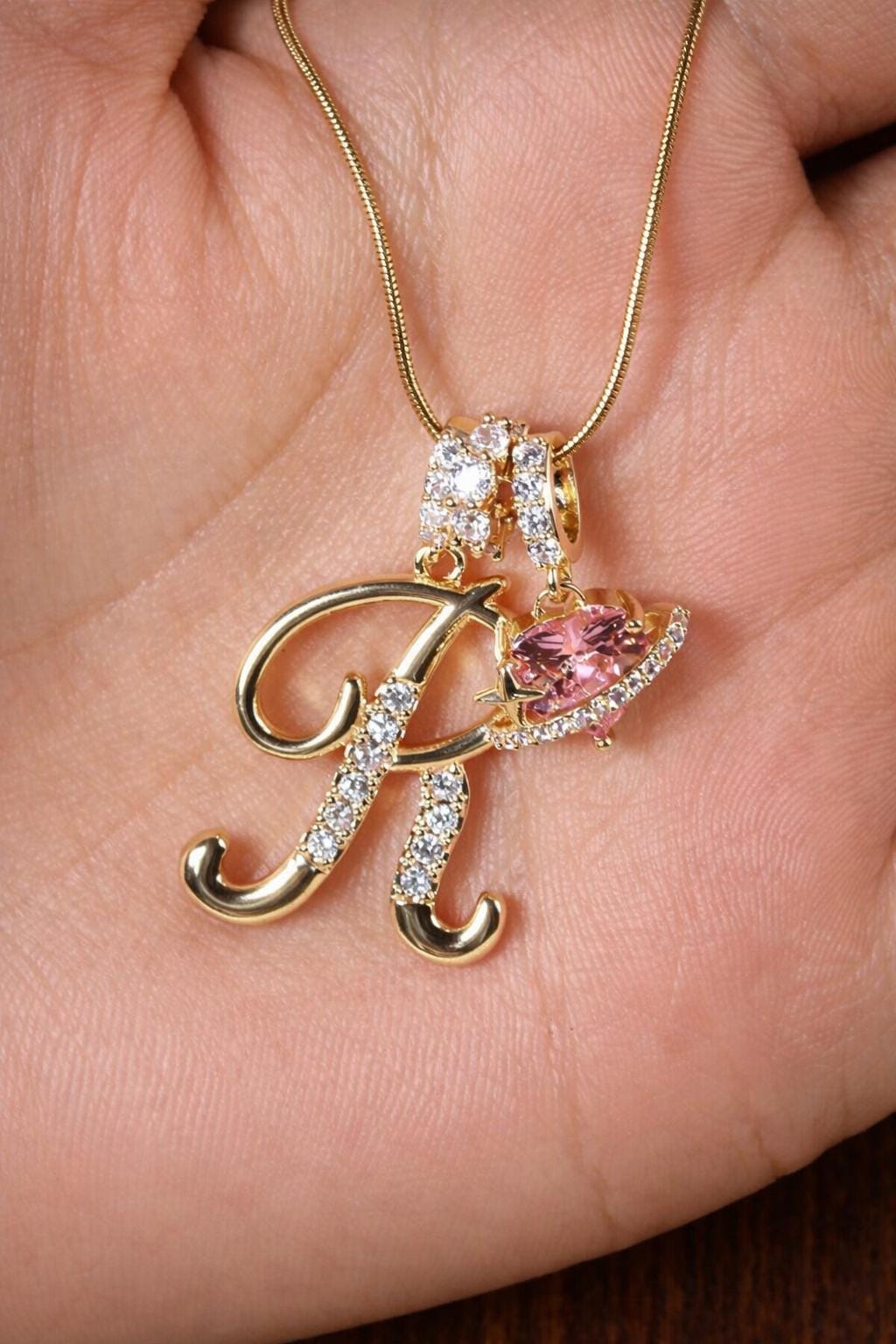 Cubic Zirconia Heart Alphabet Necklace – Vintage Initial Pendant, Valentine Gift for Women