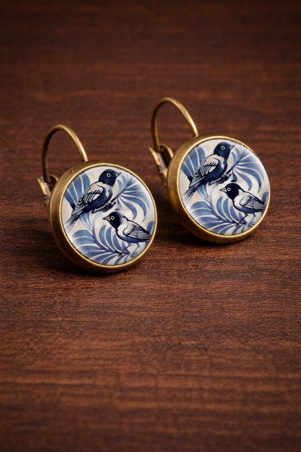 Vintage Blue Bird Dangle Earrings, Copper Glass Jewelry, Nature Inspired