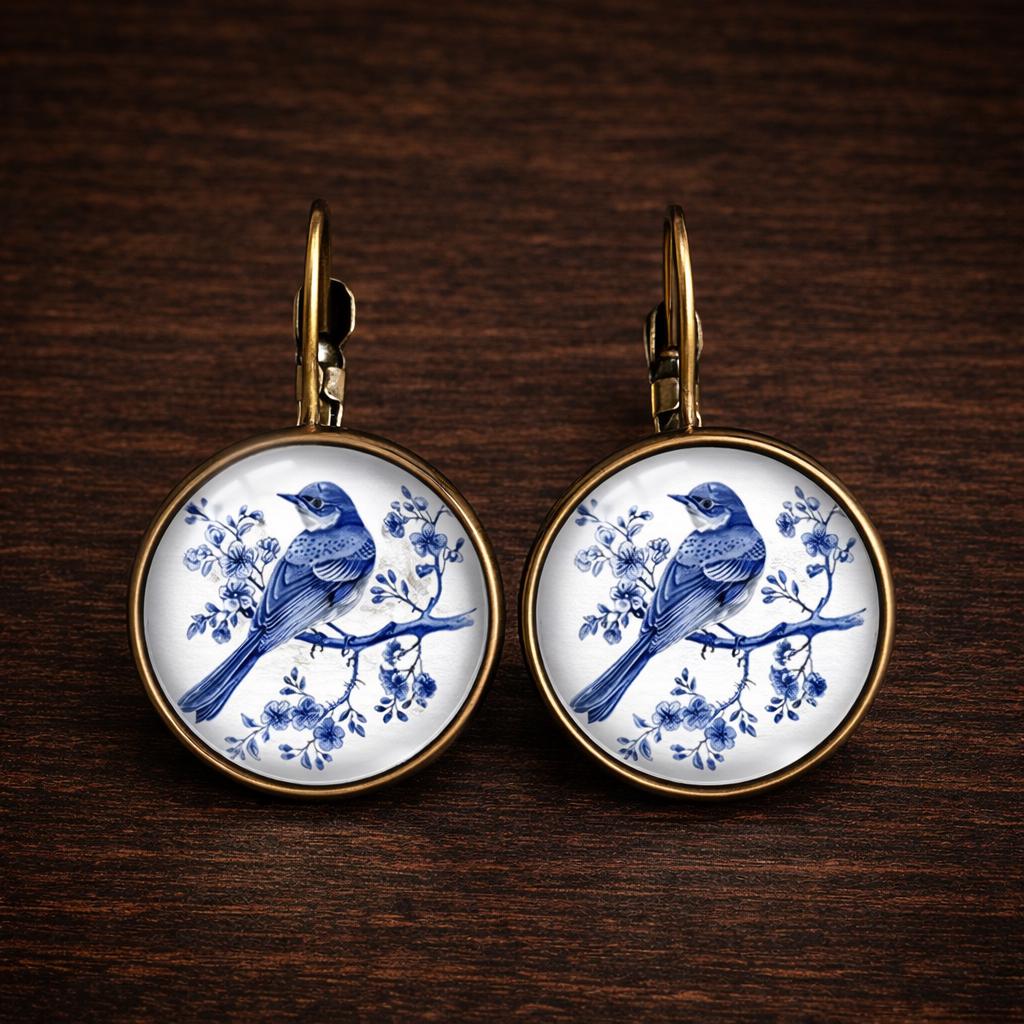 Vintage Blue Bird Dangle Earrings, Copper Glass Jewelry, Nature Inspired