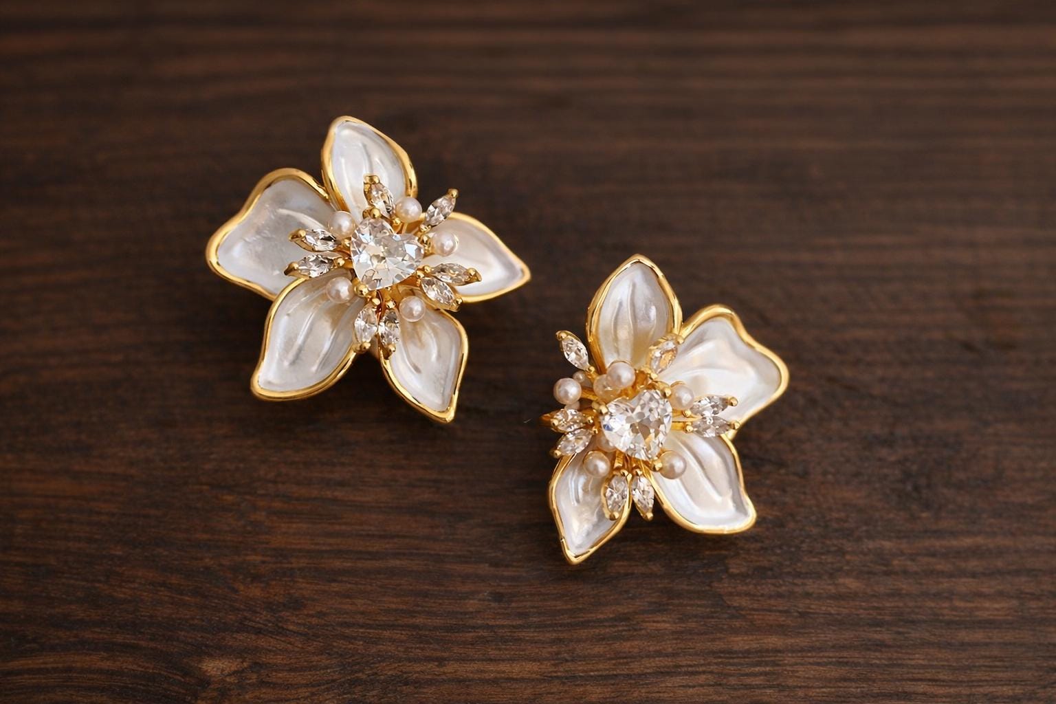 Crystal Flower Stud Earrings, Gold Pearl Petal Floral Jewelry