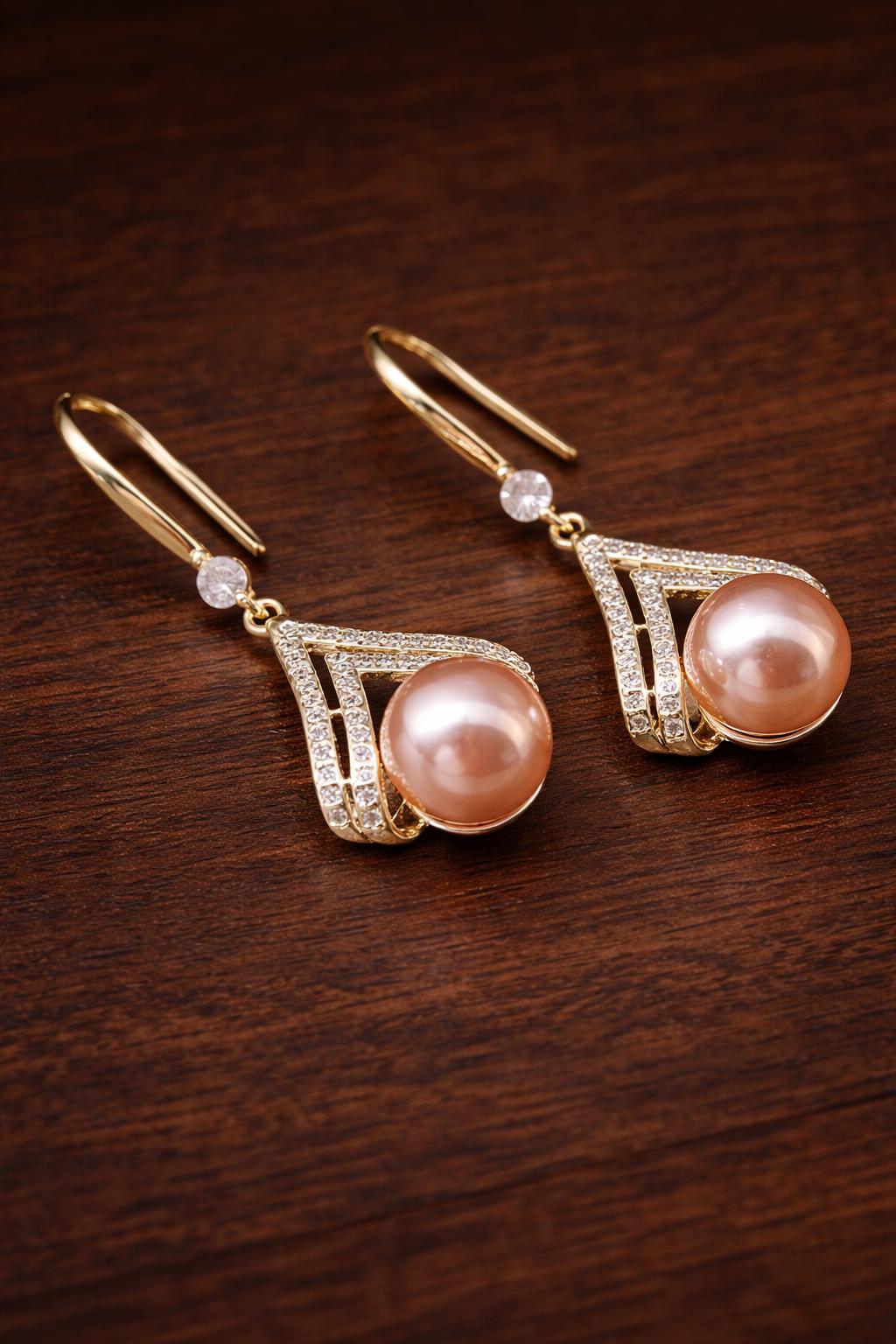 Champagne Pearl Drop Earrings, Elegant Gold Dangle, Cubic Zirconia, Wedding Jewelry