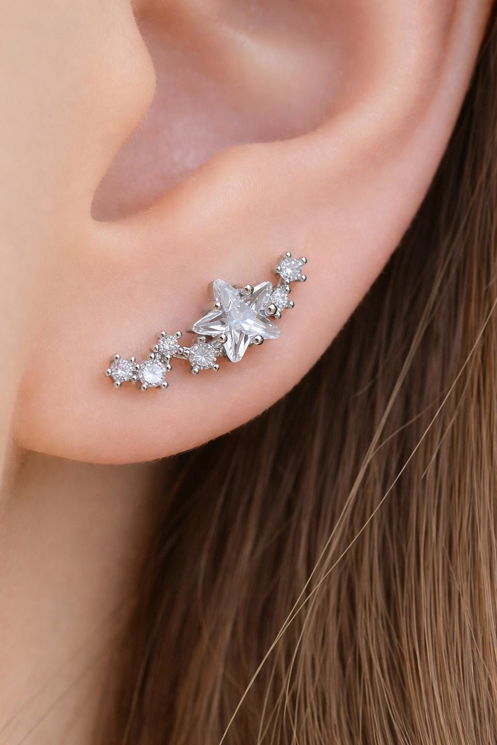 18K Gold Plated Star Crystal Earring, Helix Tragus Piercing, Hypoallergenic Stainless Steel
