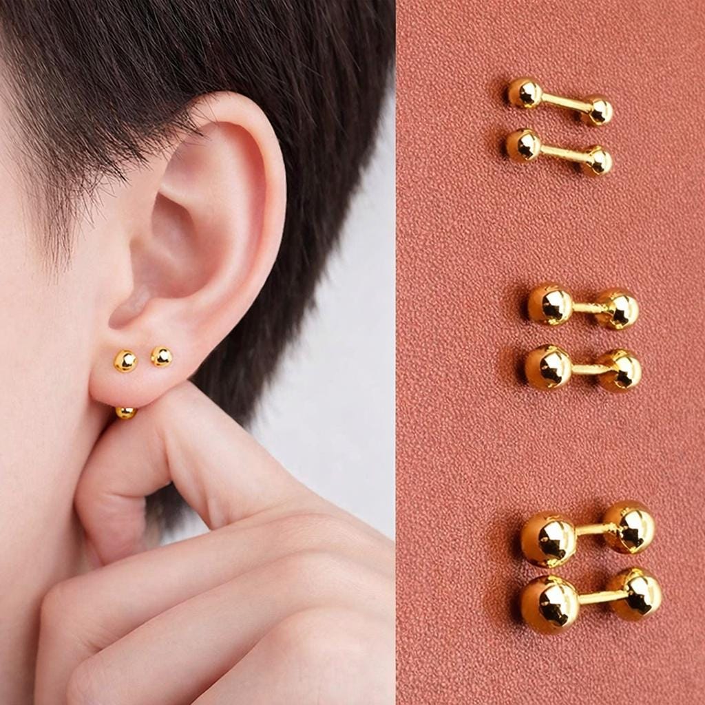 3 Pairs Stainless Steel Ball Stud Earrings, 18K Gold Plated Minimalist Jewelry