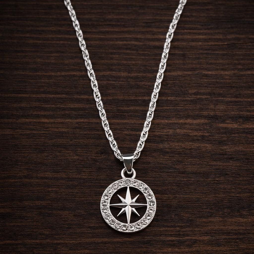 Compass Necklace, Cubic Zirconia Pendant, Stainless Steel, Hiphop Kpop Jewelry