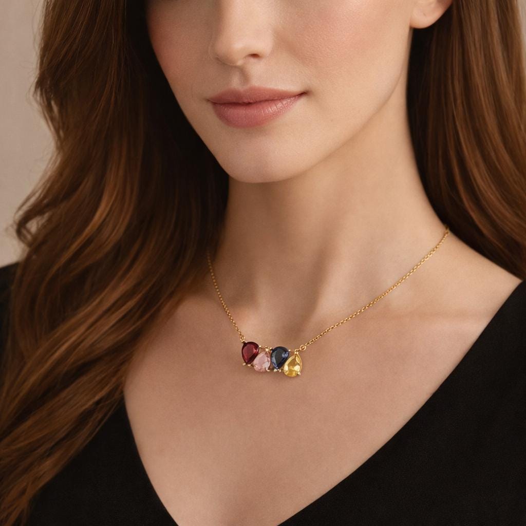 Custom Gold Plated Stainless Steel Birthstone Necklace (2-4 Stones) – Water Drop Charm Jewelry