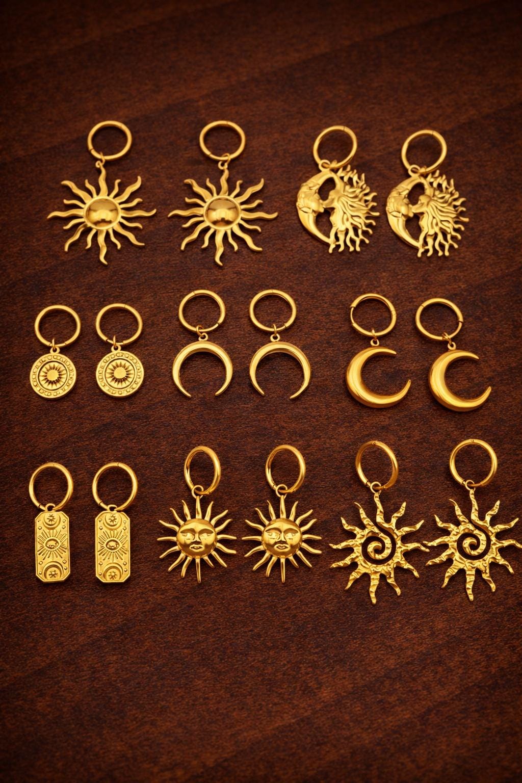 Boho Gold Sun Moon Evil Eye Pendant Earrings Set, 18K Plated Stainless Steel Jewelry