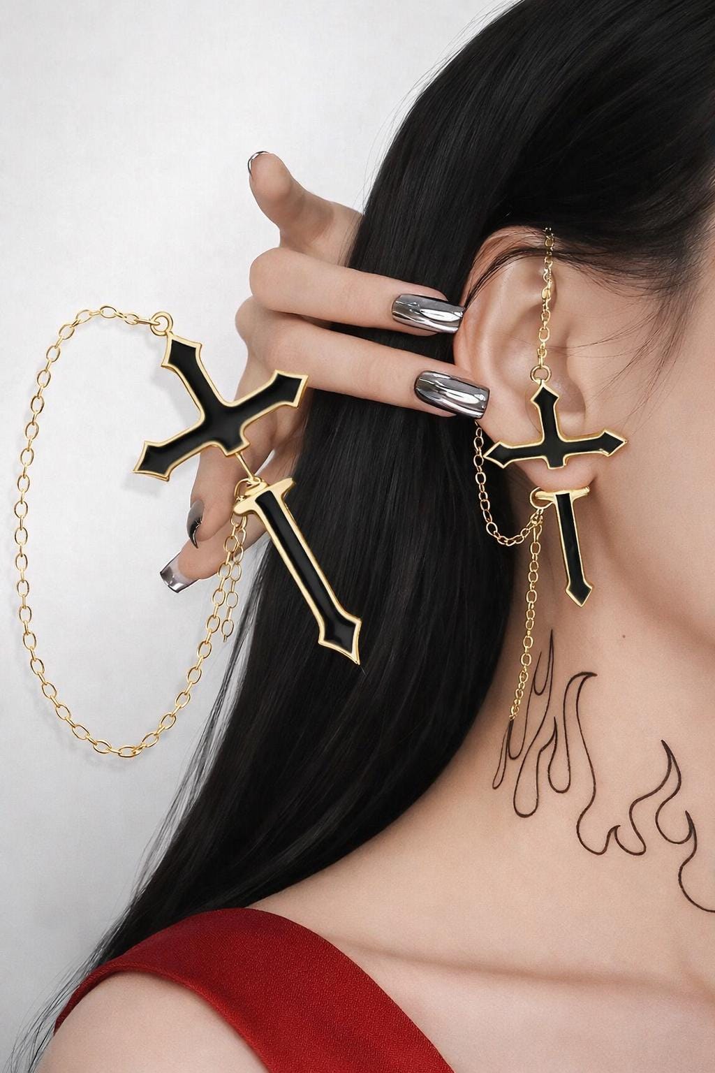 Black Cross Chain Stud Earring, Gothic Dangle, Edgy Statement Jewelry (Single Piece)
