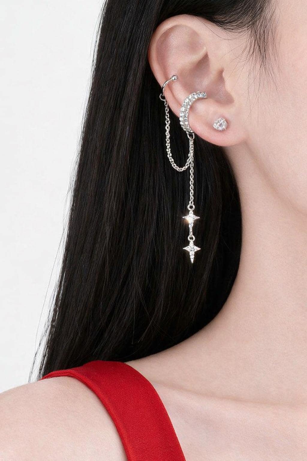 Black Cross Chain Stud Earring, Gothic Dangle, Edgy Statement Jewelry (Single Piece)