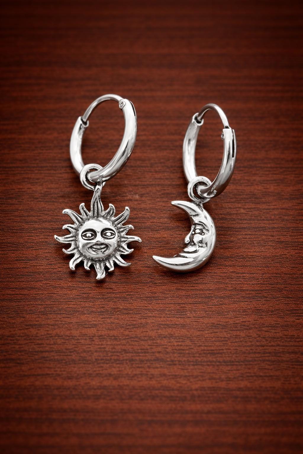 Boho Sun Moon Face Dangle Hoop Earrings, Vintage Celestial Statement Jewelry