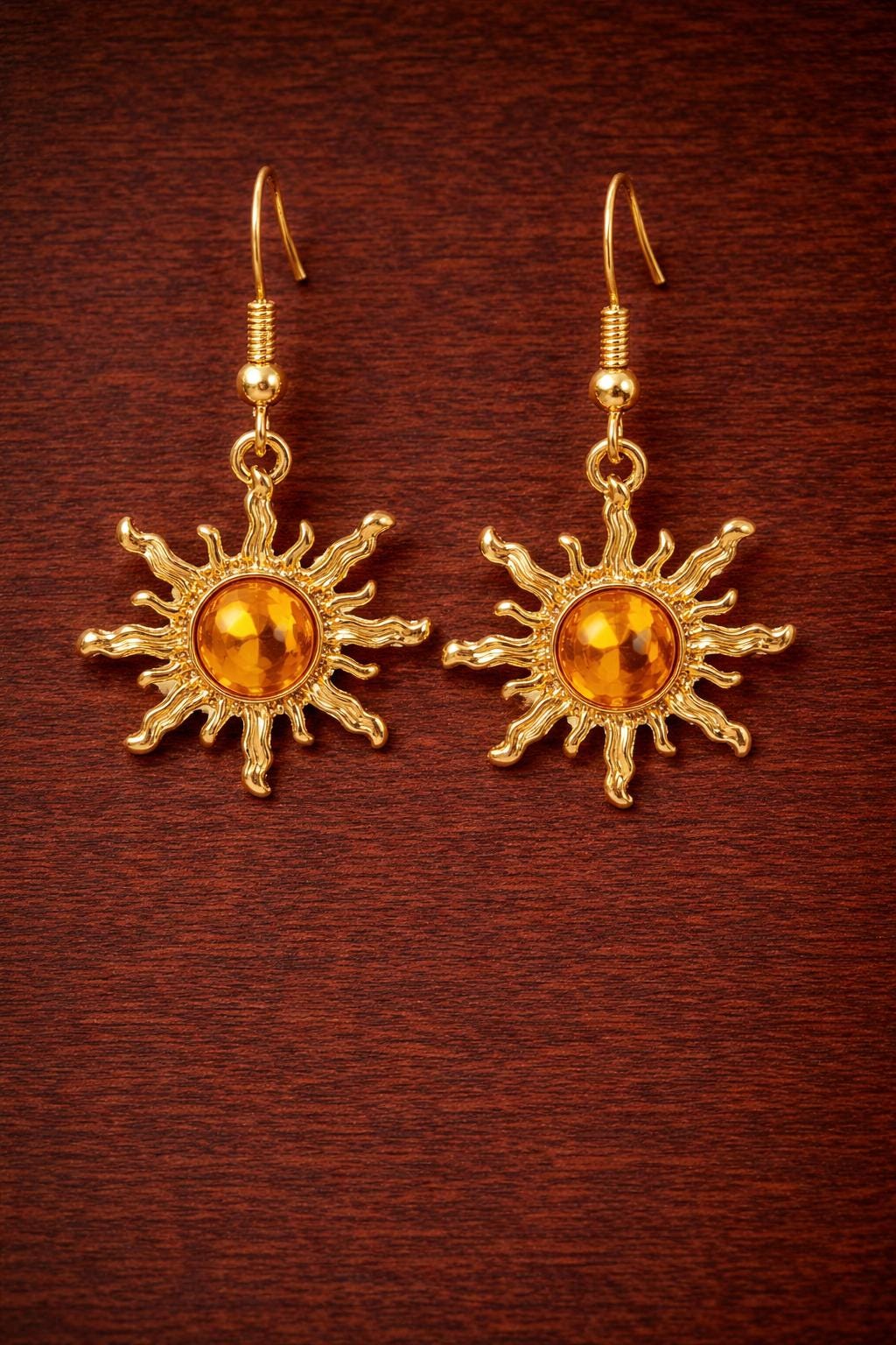 Boho Baroque Sunflower Dangle Earrings, Gold Plated Faux Jade Sunburst Jewelry