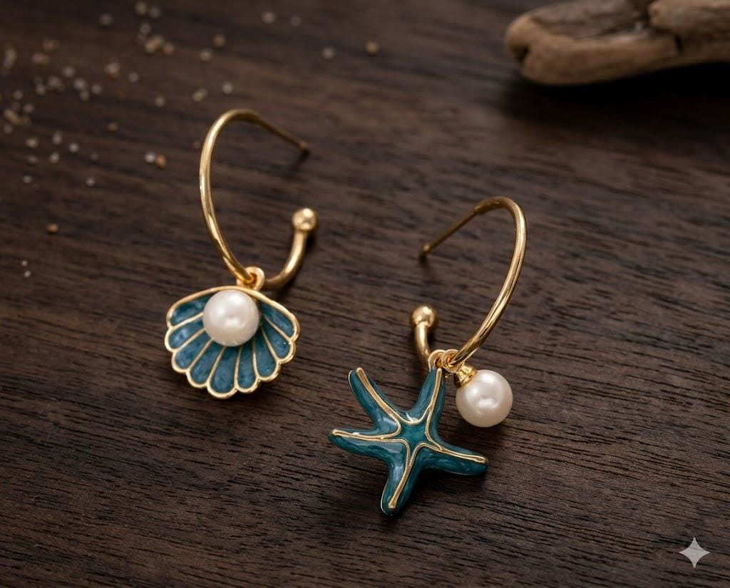 Boho Starfish Shell Hoop Earrings, Ocean Pearl Dangle Jewelry