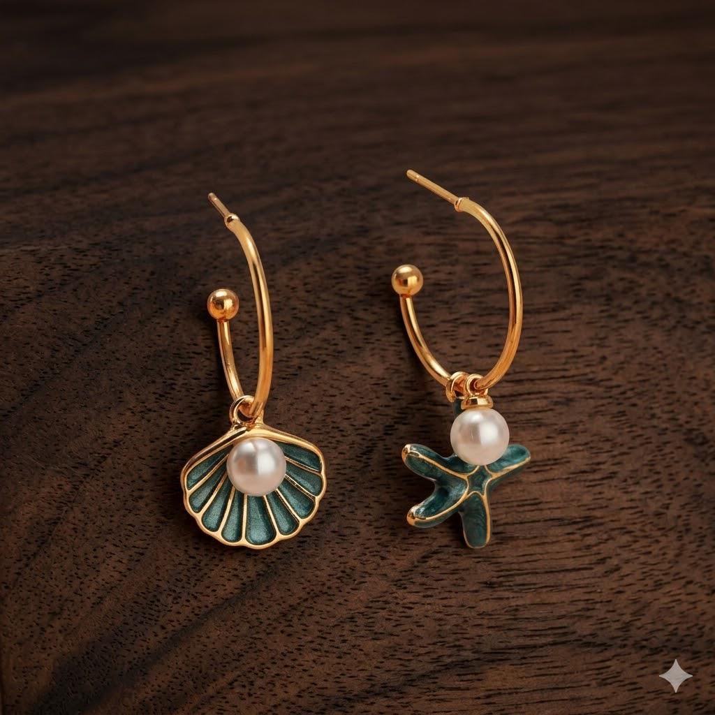 Boho Starfish Shell Hoop Earrings, Ocean Pearl Dangle Jewelry
