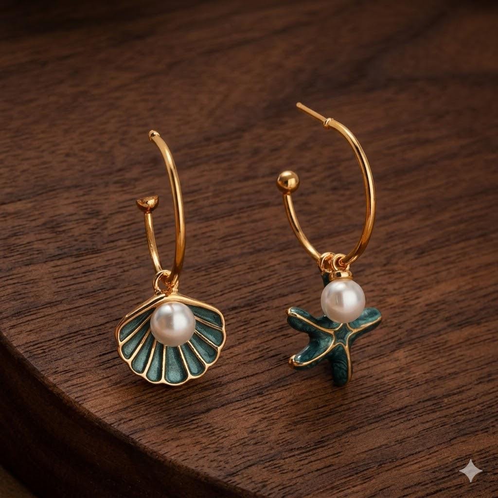 Boho Starfish Shell Hoop Earrings, Ocean Pearl Dangle Jewelry