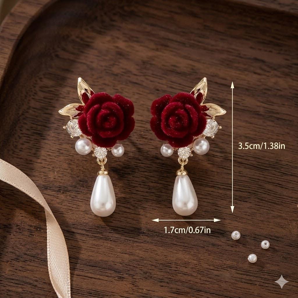 Wine Red Rose Pearl Drop Earrings, Vintage Gold Floral Dangle, Wedding Party Jewelry