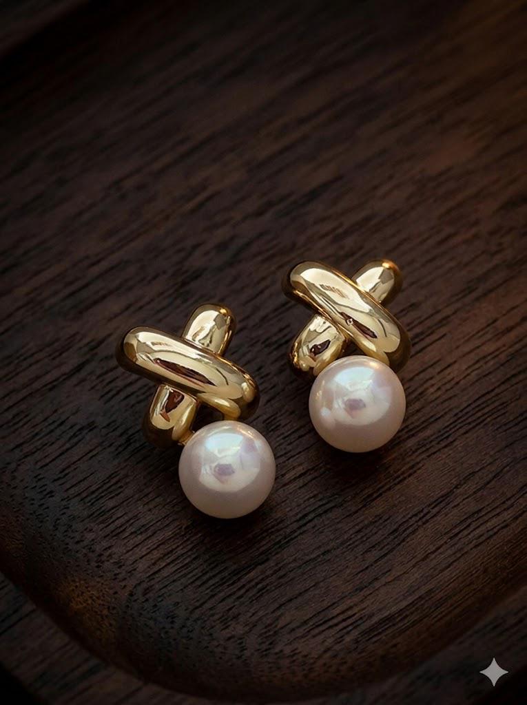 Vintage Cross Pearl Earrings, Elegant Faux Pearl Dangle, Luxury Daily Jewelry for Women