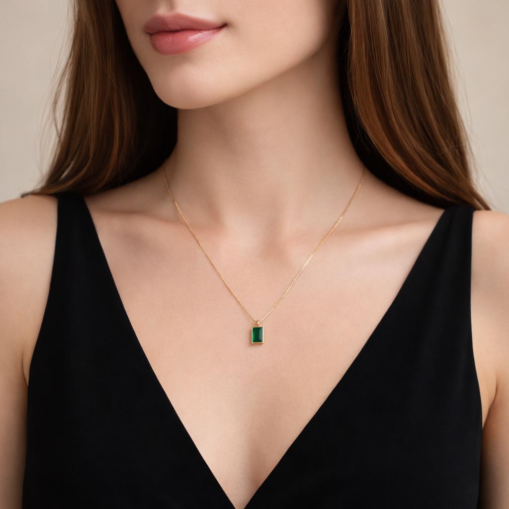 316L Stainless Steel Square Green Zircon Pendant Necklace, Elegant Wedding Jewelry