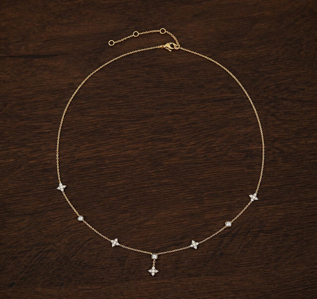 14K Gold Plated Stainless Steel Flower Necklace, Cubic Zirconia Sparkle, Dainty Floral Pendant