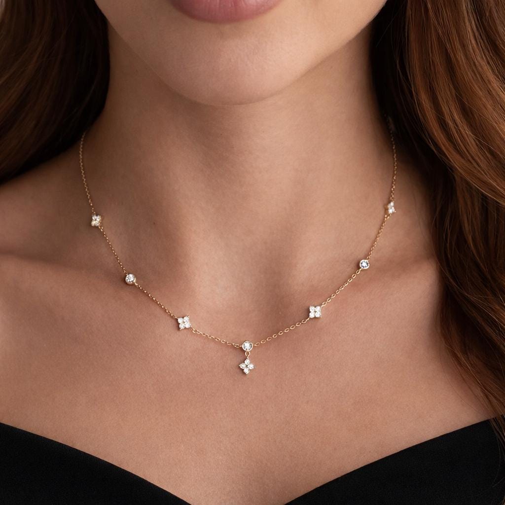 14K Gold Plated Stainless Steel Flower Necklace, Cubic Zirconia Sparkle, Dainty Floral Pendant