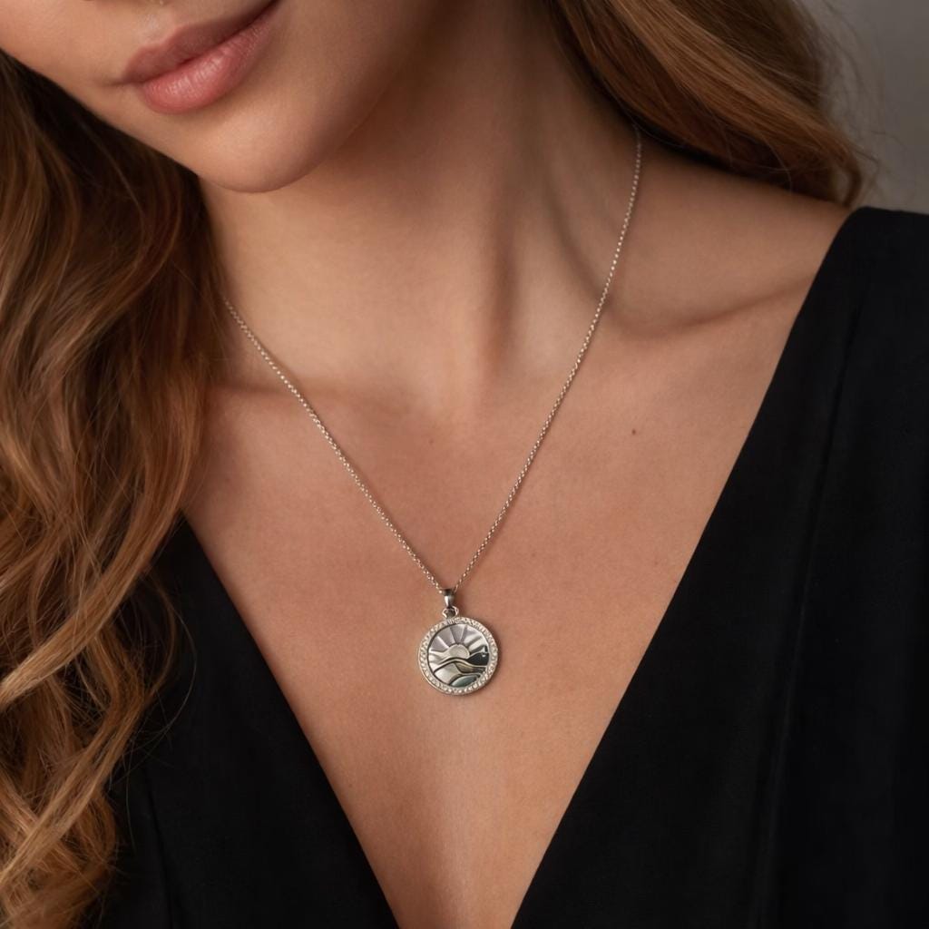 Abalone Shell Sunrise Necklace, Crystal Border Round Pendant, Ocean Inspired Summer Jewelry