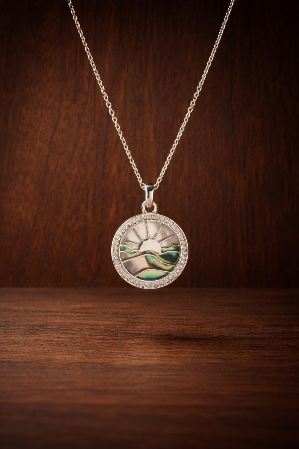Abalone Shell Sunrise Necklace, Crystal Border Round Pendant, Ocean Inspired Summer Jewelry