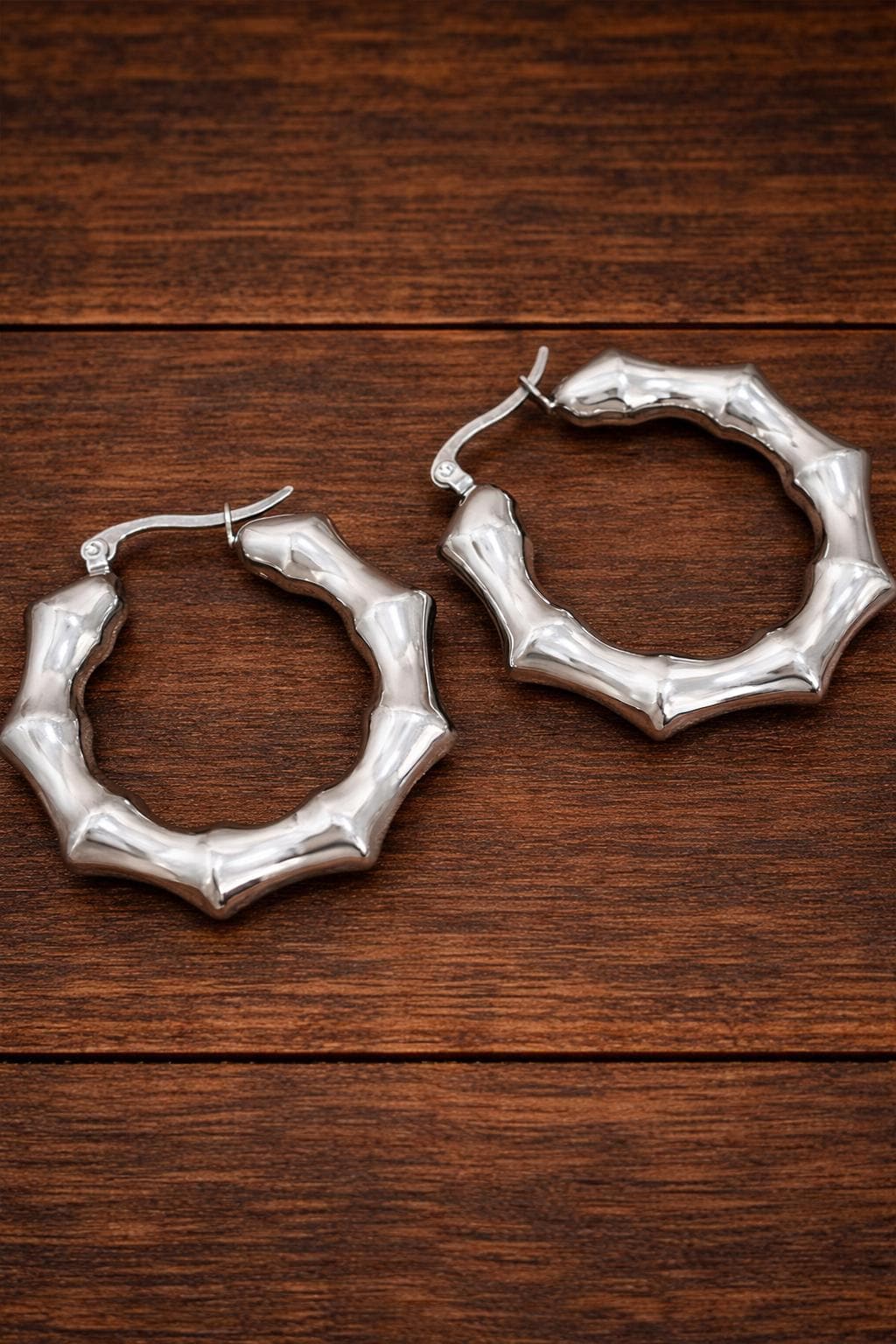 Bamboo Hoop Earrings Stainless Steel, Chunky Hollow Hoops, Minimalist Statement Earrings, Gift for Women