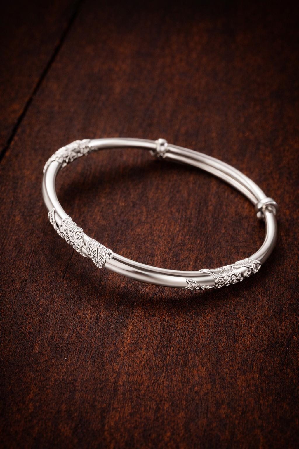 Vintage Floral Silver Plated Bangle, Engraved Elegant Minimalist Bracelet