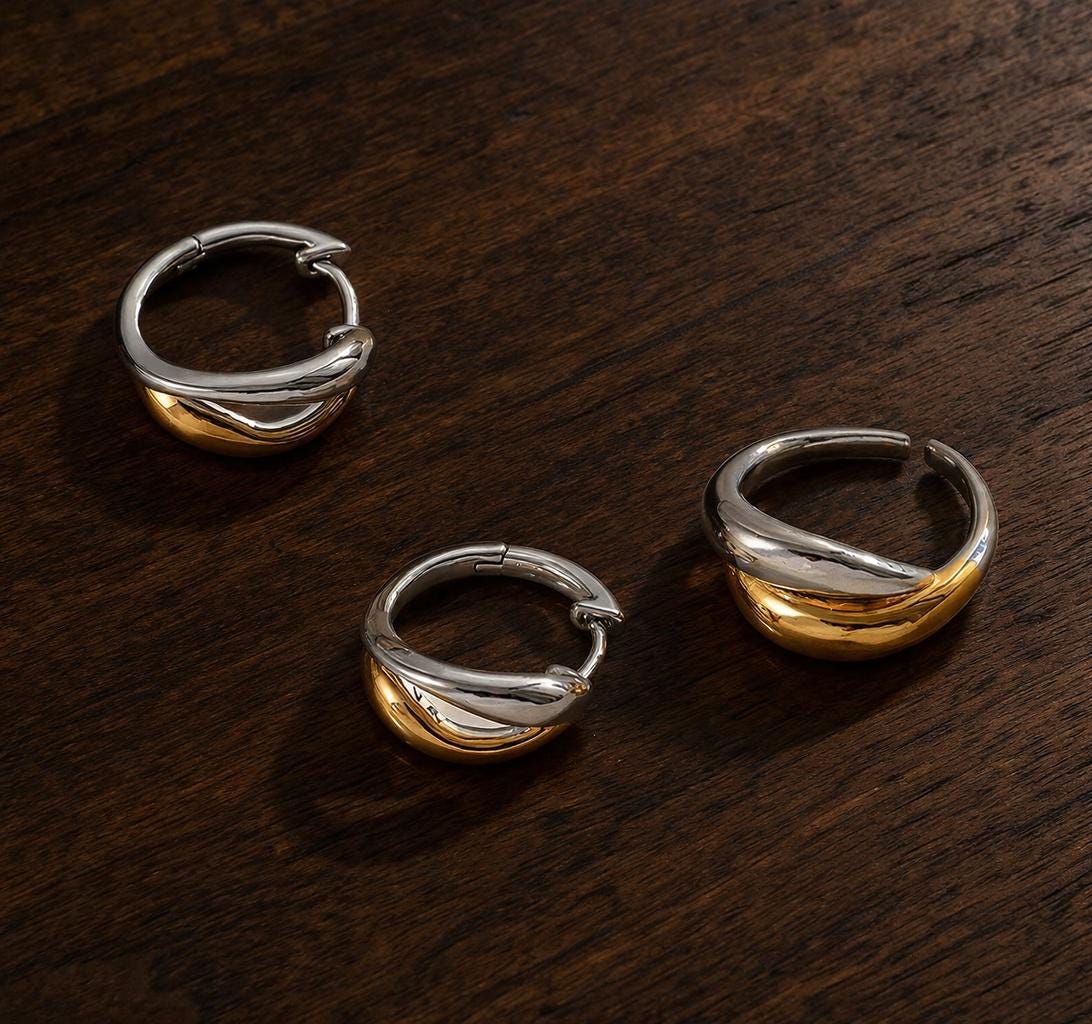 Two-Tone Twisted Hoop Earrings: Gold Silver Geometric Minimalist Jewelry