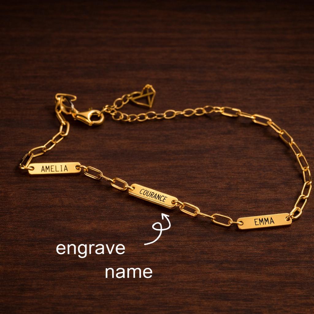 Custom Name Bar Bracelet, Gold Stainless Steel, Engraved ID, Dainty Paperclip Chain