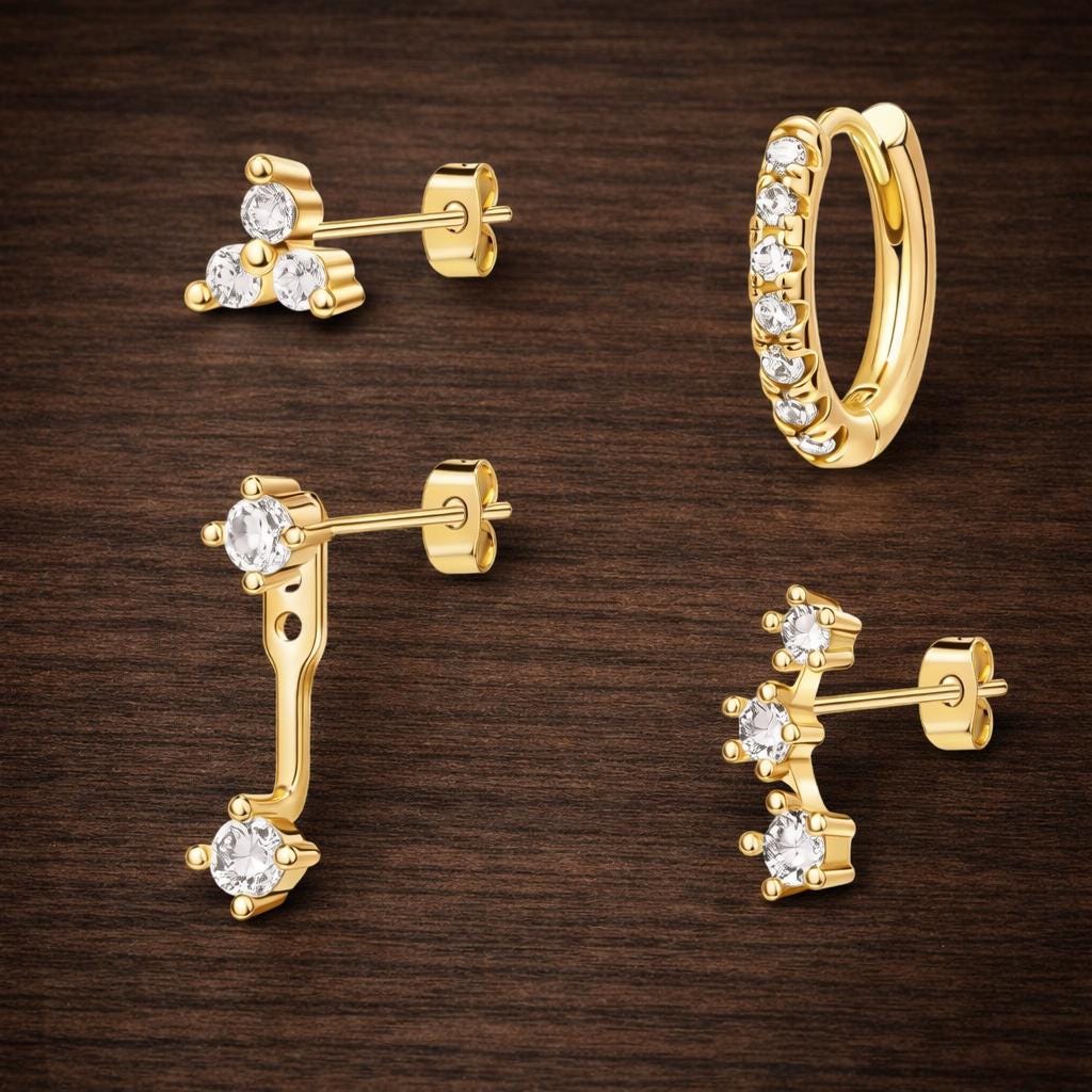 4-Pair Gold Plated Zircon Ear Stack, Huggie Hoop Stud Set, Hypoallergenic Jewelry
