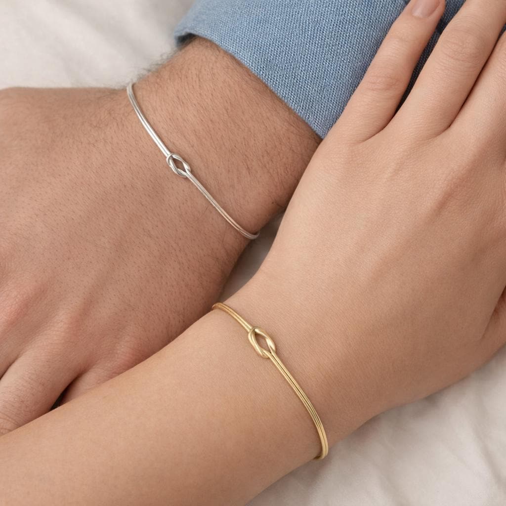 Couple Bracelets, 14K Gold Plated Stainless Steel Love Knot Matching Set
