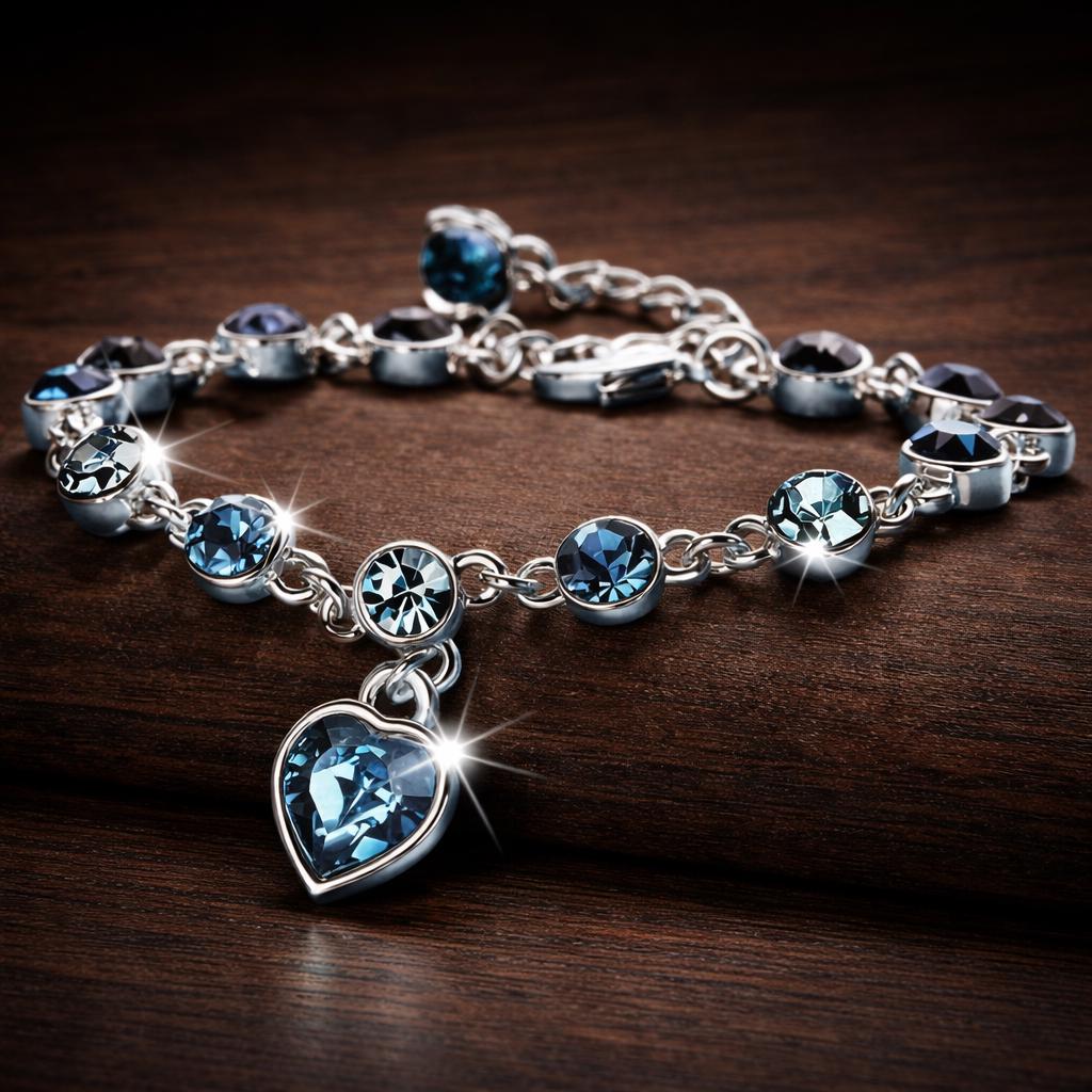 Blue Crystal Heart Charm Bracelet, Silver-Plated Chain, Sparkling Cubic Zirconia Jewelry