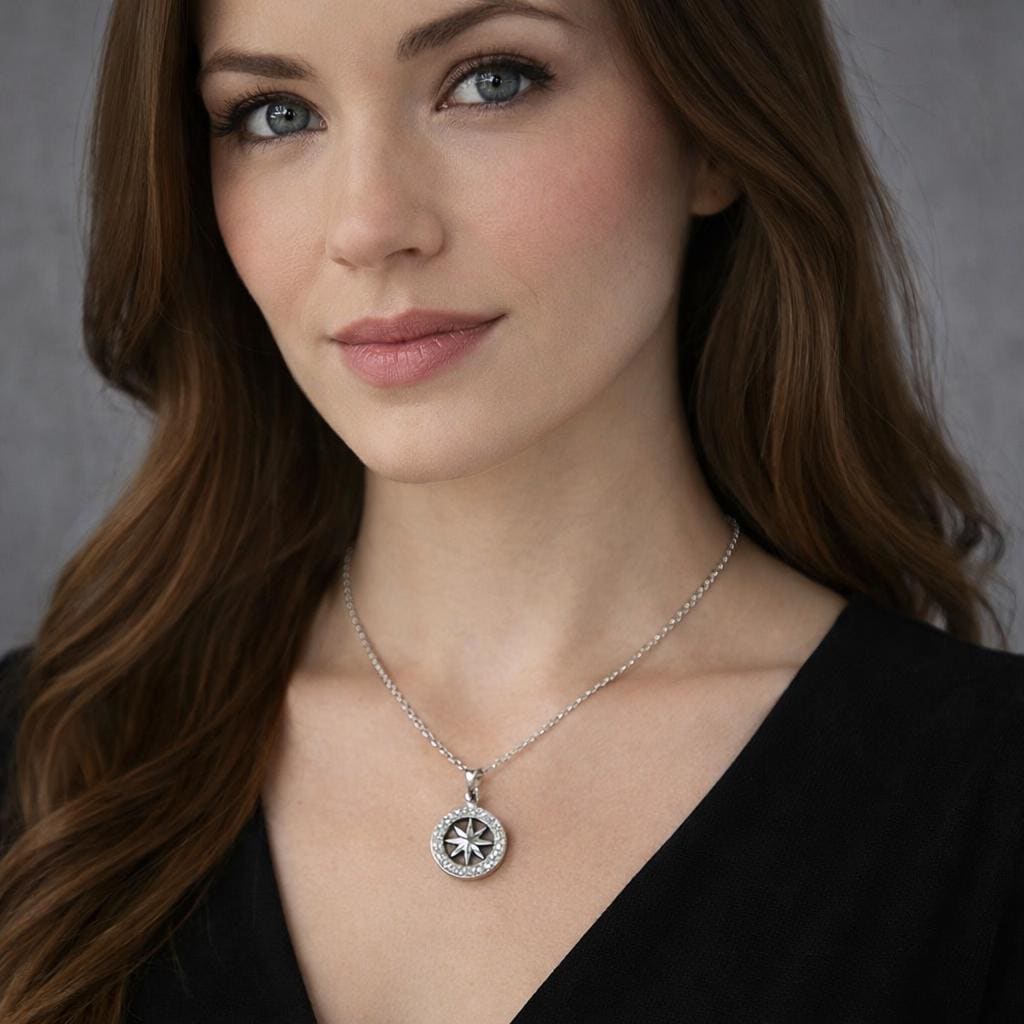 Compass Necklace, Cubic Zirconia Pendant, Stainless Steel, Hiphop Kpop Jewelry