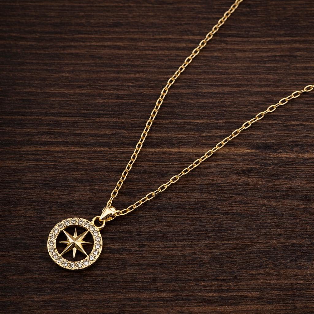 Compass Necklace, Cubic Zirconia Pendant, Stainless Steel, Hiphop Kpop Jewelry