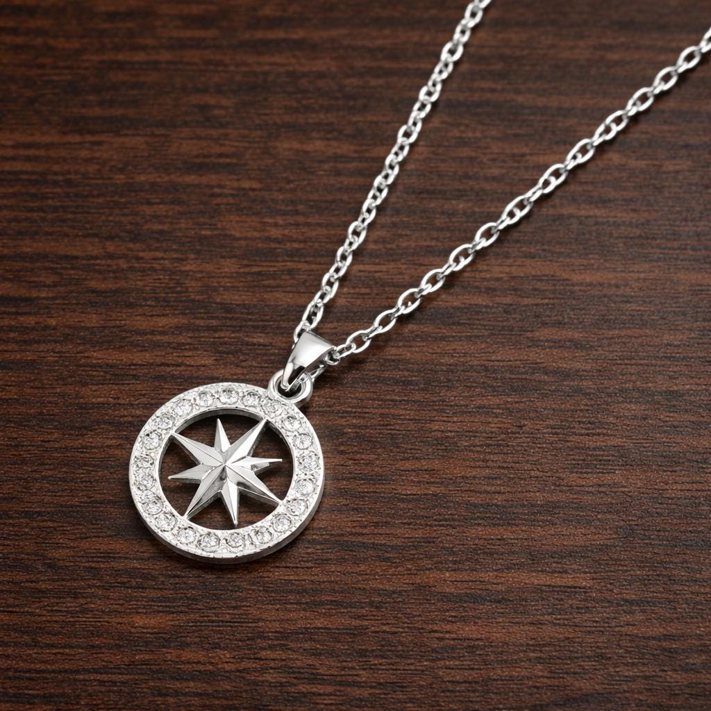 Compass Necklace, Cubic Zirconia Pendant, Stainless Steel, Hiphop Kpop Jewelry
