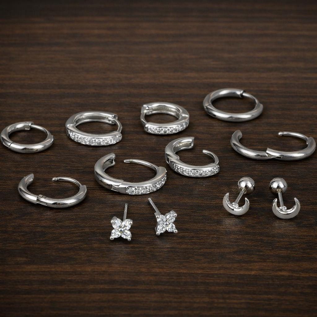 6 Pairs Moon Stud & Huggie Hoop Earrings Set, Stainless Steel CZ Hypoallergenic Cartilage Jewelry