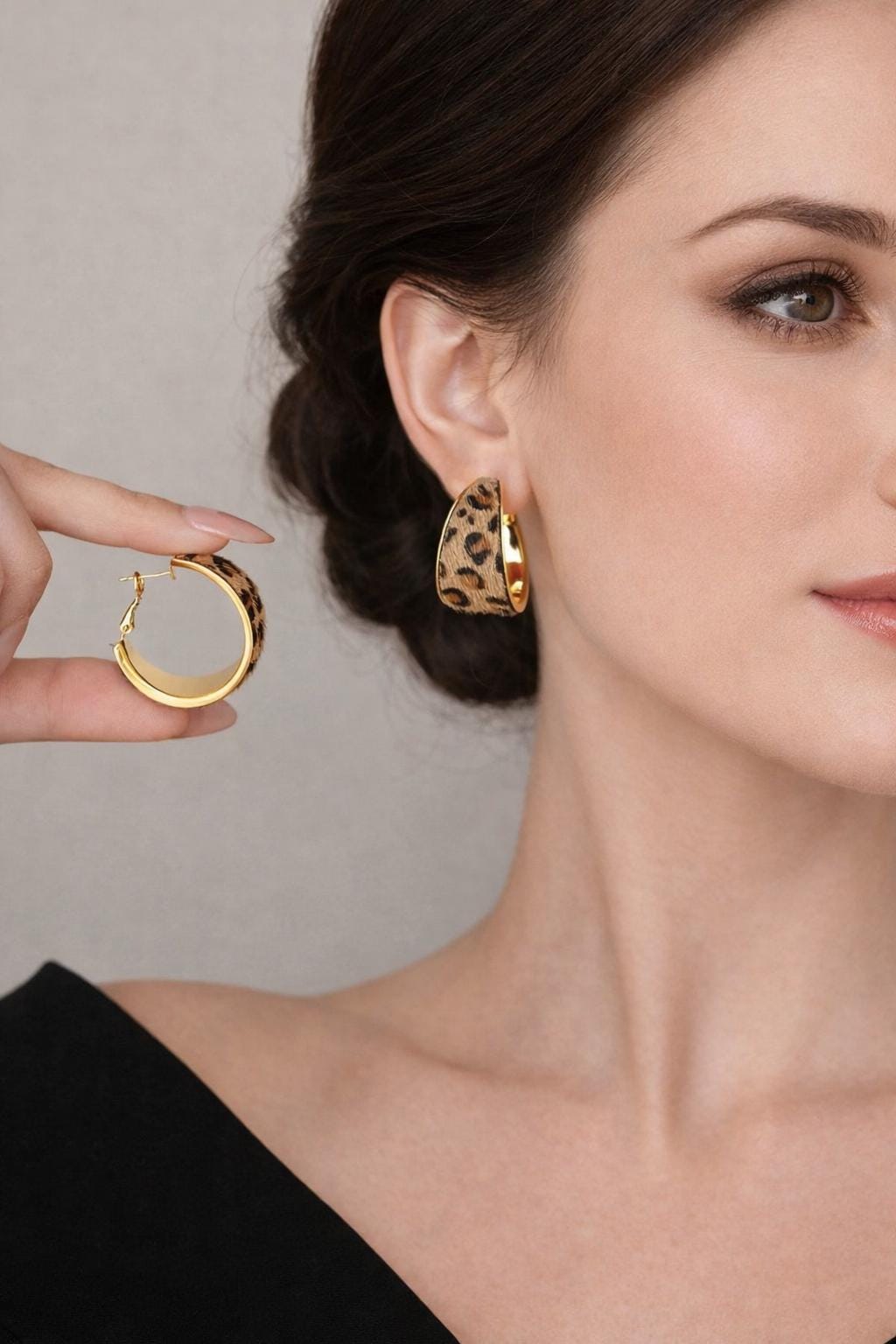 Vintage Leopard Print Flocked Fabric Hoop Earrings, Elegant Statement Party Jewelry