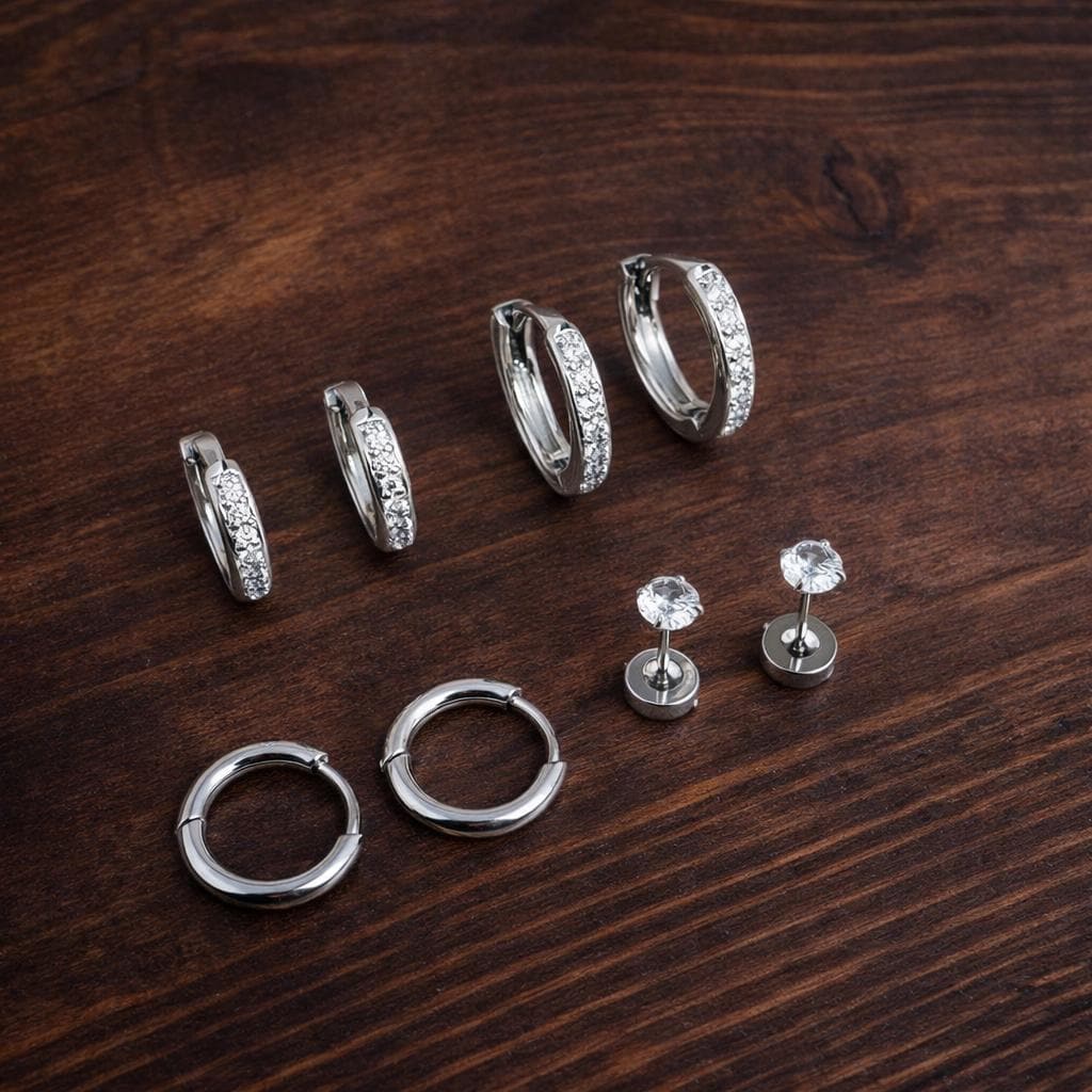 4 Pairs CZ Stud Earrings Set, Silver Tone Flat Back Cartilage Helix Minimalist Jewelry