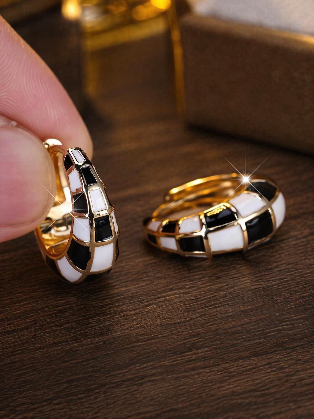 Vintage Black White Checkered Hoop Earrings, Retro Geometric Style, Acrylic Jewelry