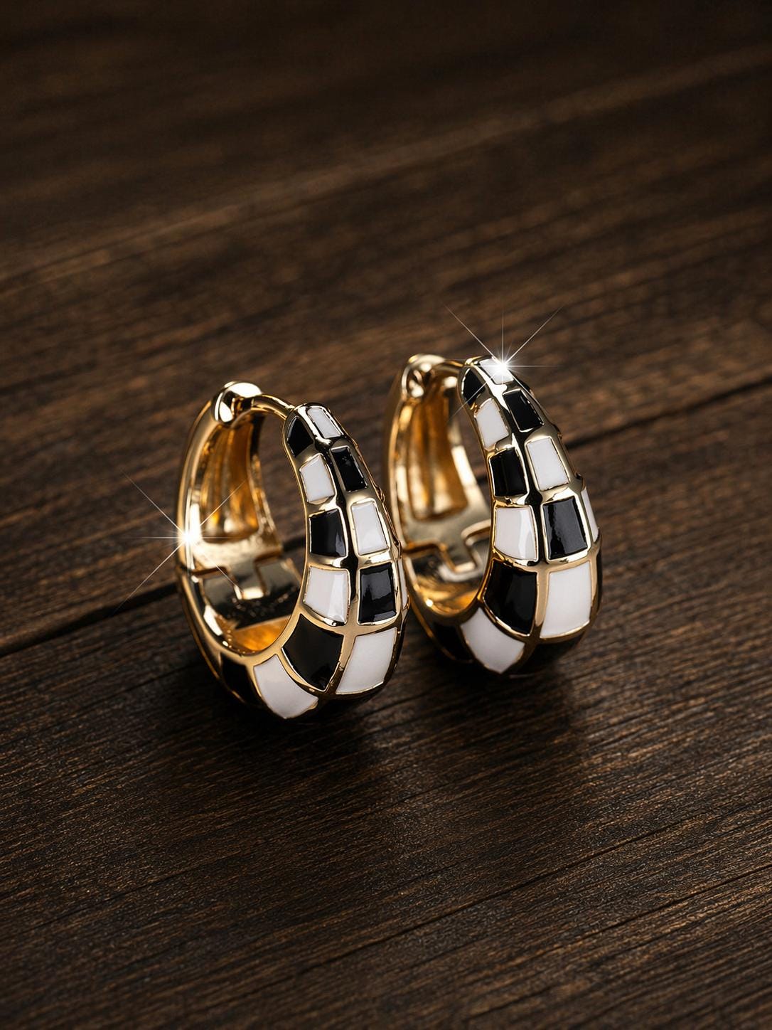 Vintage Black White Checkered Hoop Earrings, Retro Geometric Style, Acrylic Jewelry