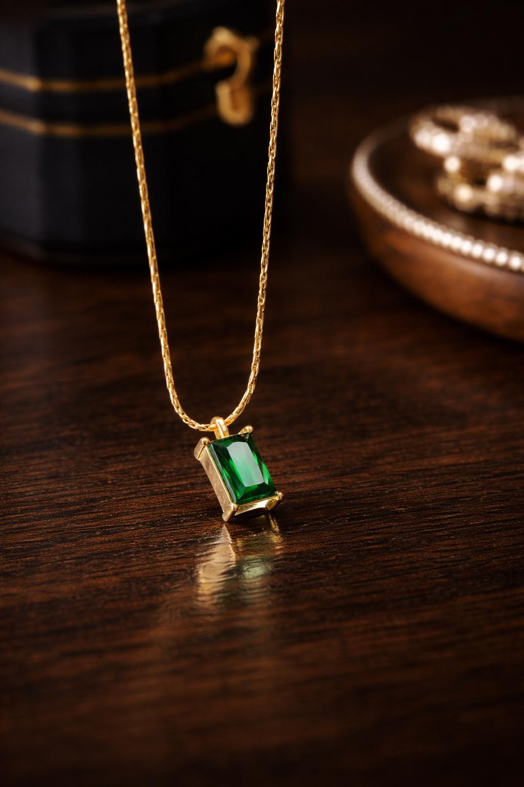 316L Stainless Steel Square Green Zircon Pendant Necklace, Elegant Wedding Jewelry