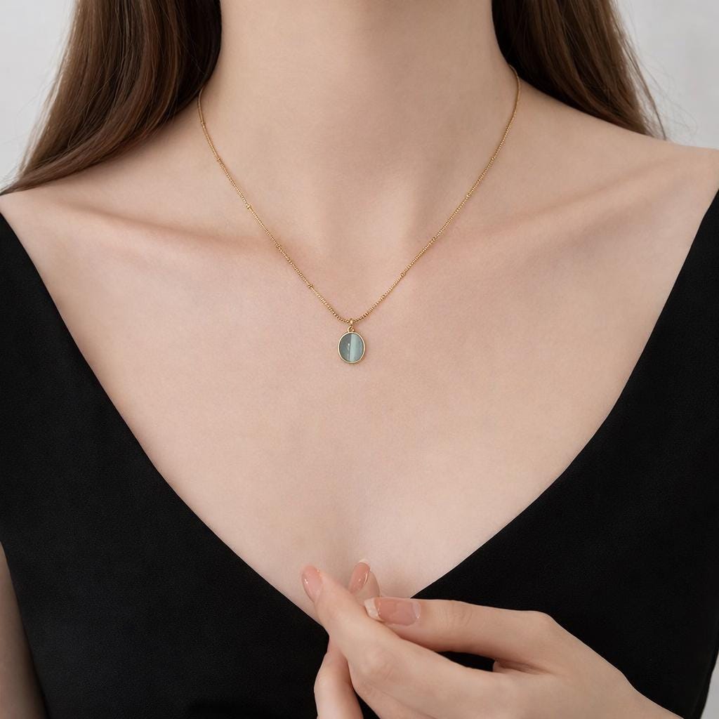 925 Sterling Silver Oval Sea Blue Cat Eye Pendant Necklace, Minimalist Lock Bone Chain